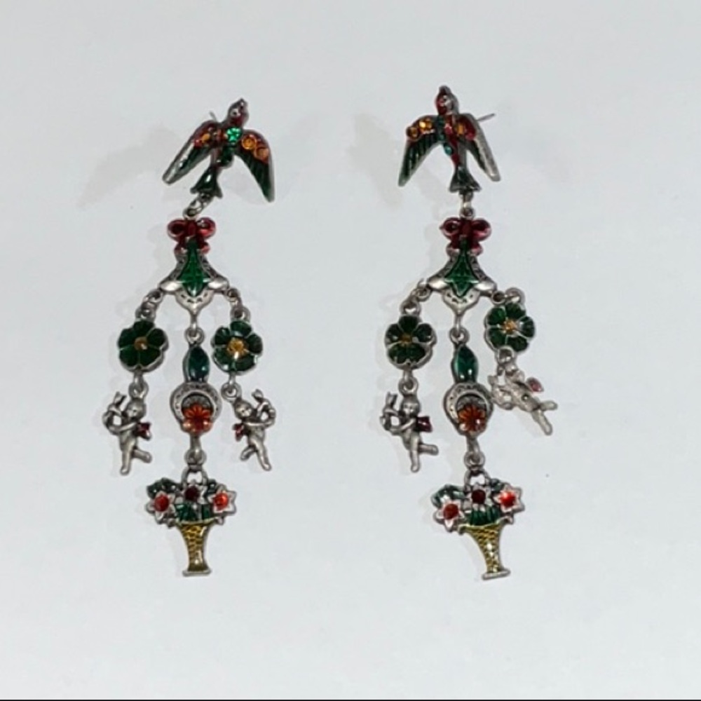 Vintage Don-Lin Chandelier Earrings Angels Enamel Rhinestone Dangle Statement - Picture 3 of 15
